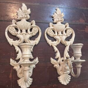 Syroco Inc Vintage Ornate Wall Sconces Set Cream Ivory Ornate Floral Scrollwork